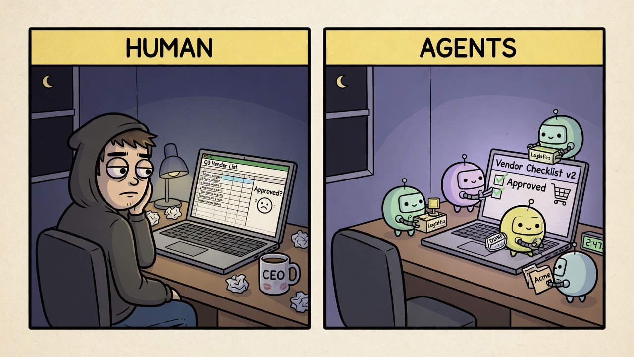 HUMAN vs AGENTS at 2:47 AM: a tired founder stares at a vendor spreadsheet while small robots tick the checklist