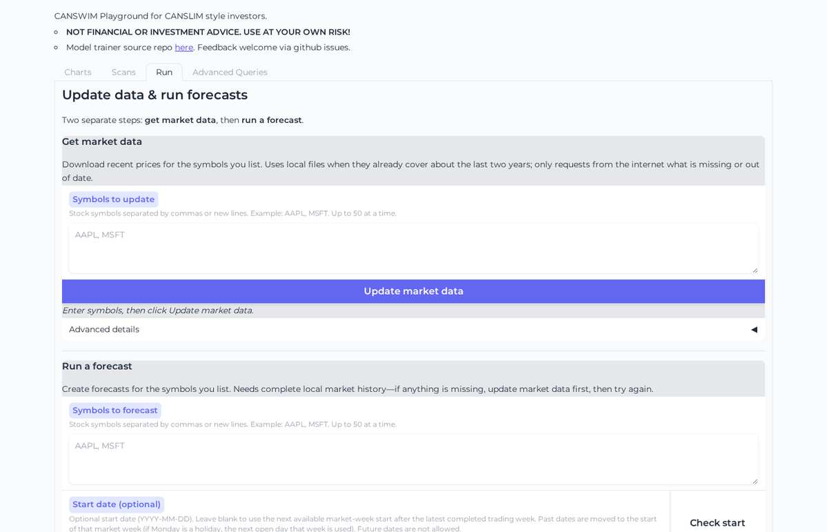 canswim Run tab for updating market data and running forecasts