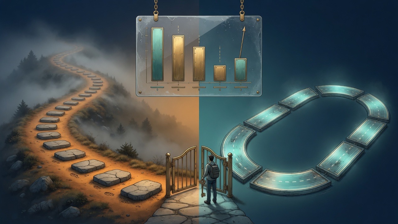 Slow journey path and fast weekly loop meet at a founder gate with a key and honest scoreboard — Company Operating System