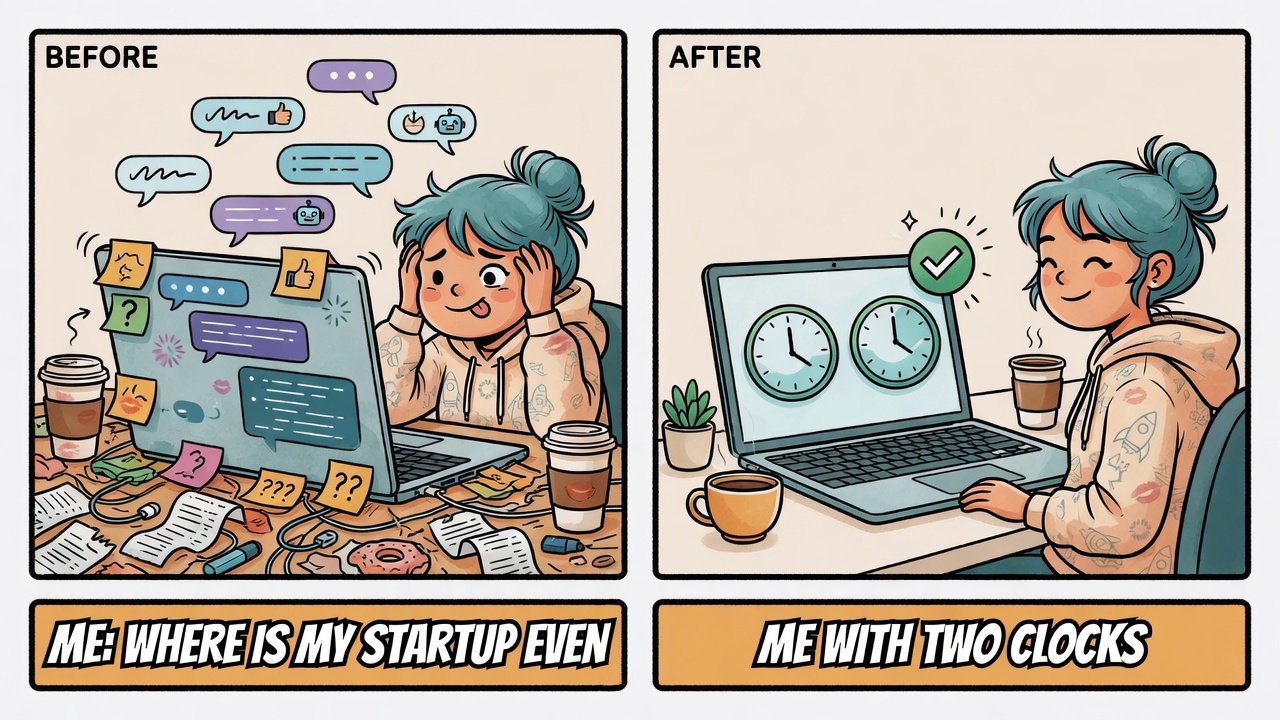 Meme: before — founder lost in AI chat chaos asking where the startup is; after — calm founder with two clear clocks on the dashboard