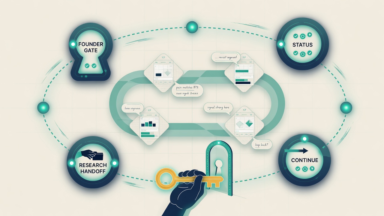 Outer company operating loop orbiting synthetic user-research phases with a founder-held gate