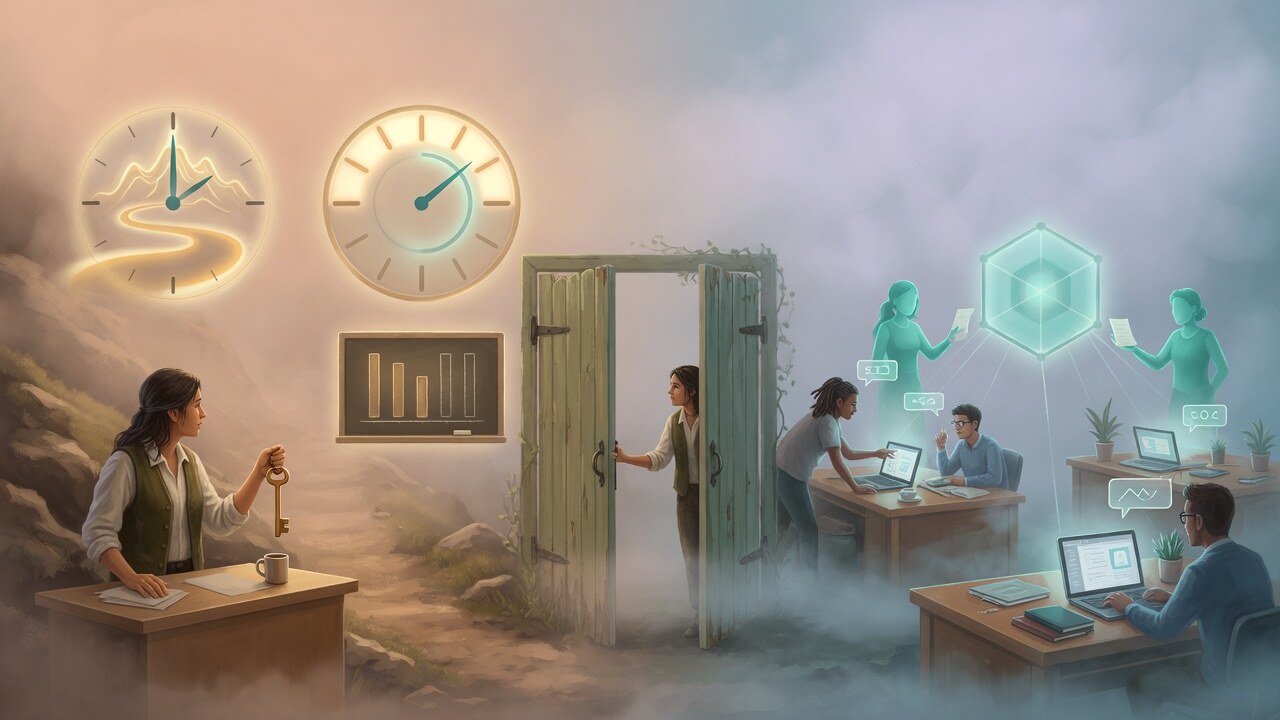 Solo founder with two clocks and a key at a desk, an open gate leading to a multiplayer agent workspace. Company OS meets multiplayer harness.