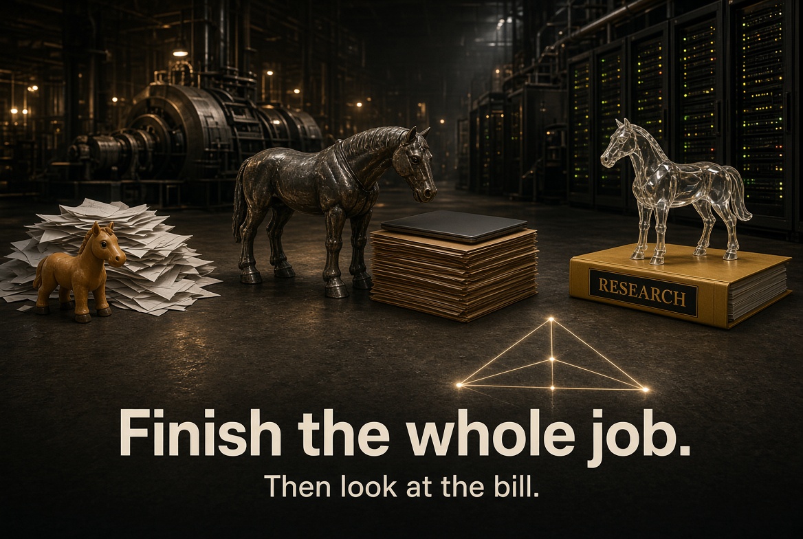 A cheap toy horse next to unfinished paper, a steel workhorse next to a finished stack, and a glass trophy on a research book. Finish the whole job. Then look at the bill.