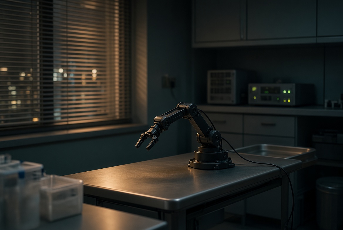 A compact robot arm on a closed-room bench. The recordings stay on site.