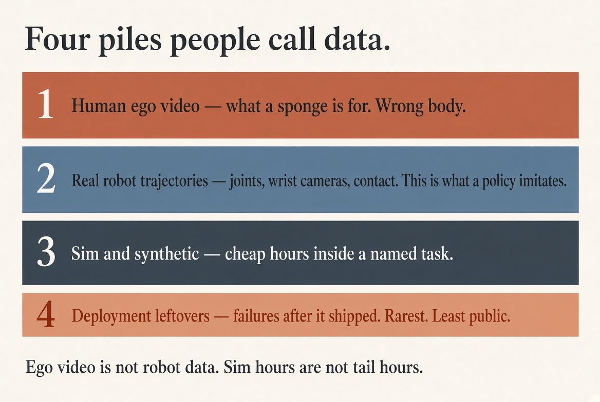 Four piles people call data: human ego video, robot trajectories, simulation, and deployment leftovers