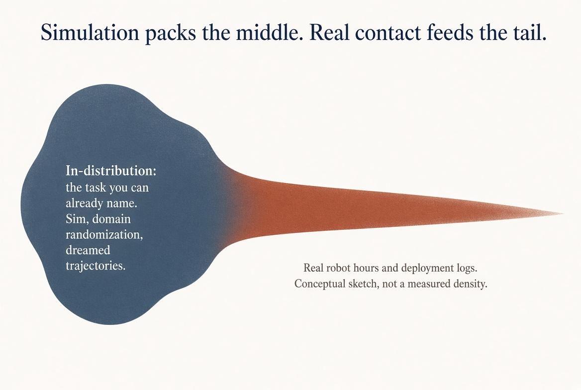 Simulation packs the middle of the distribution. Real contact feeds the tail.