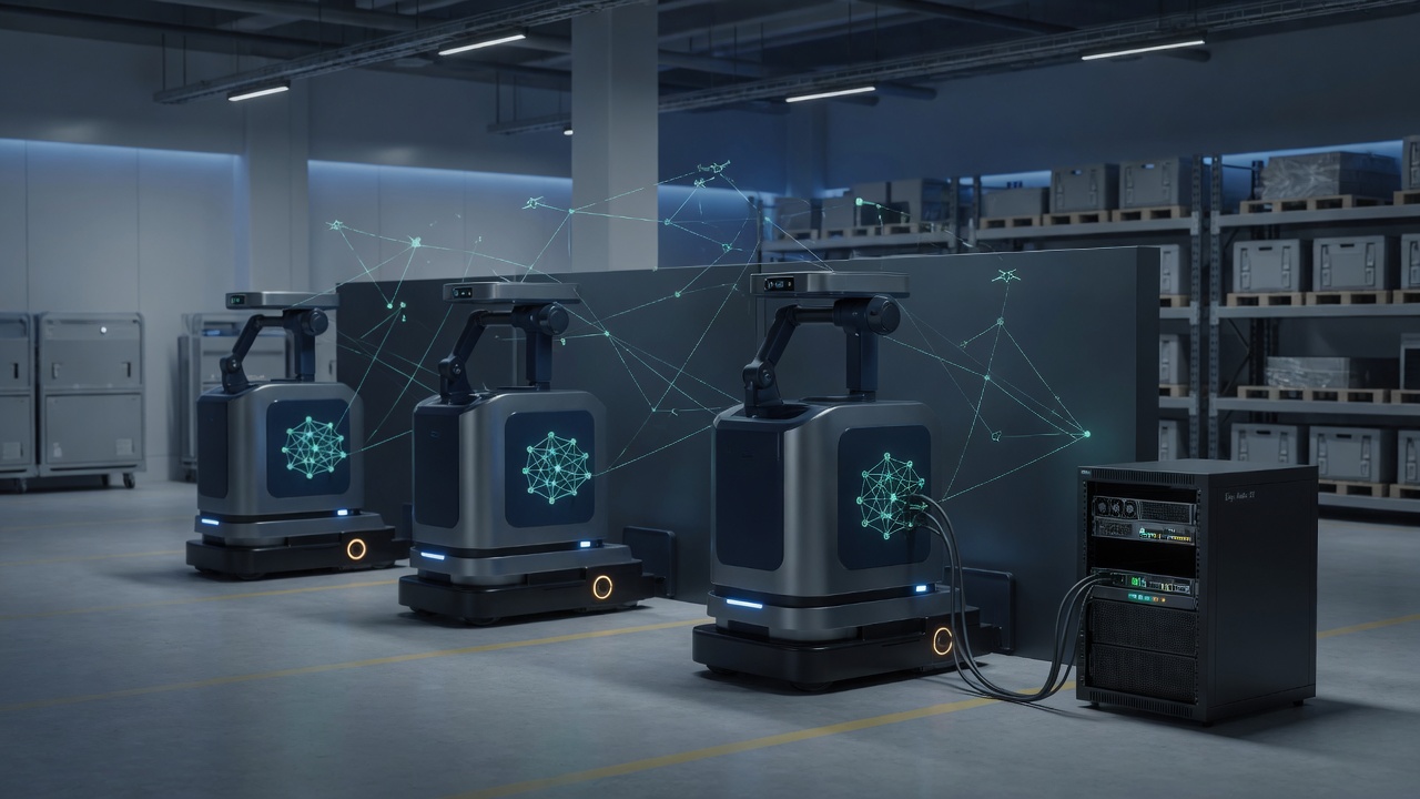 Industrial robots docked overnight with subtle shared learning links and modest edge compute—customer fleets as the training cluster