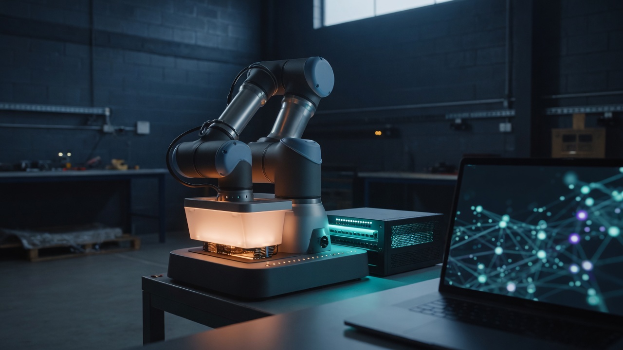Robot arm docked overnight beside a small edge computer rack—fine-tuning on accessible hardware