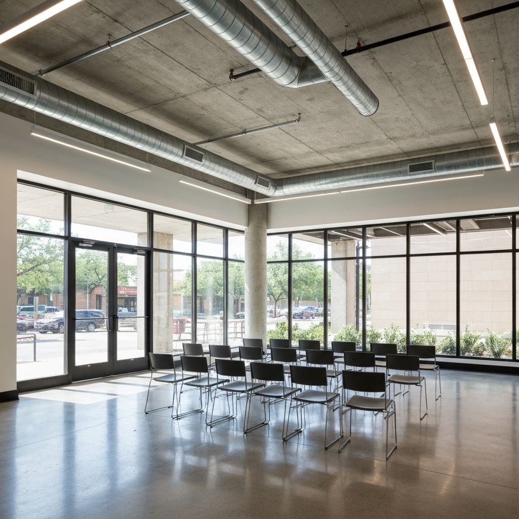 Pirin.ai workshop space at Este Condominiums, 2235 East 6th Street, Austin TX -- bright corner unit with storefront windows and high ceilings